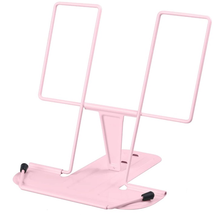 Suport pentru carti pliabil si portabil, AYSTOAYS®, Metal, Reglabil, Design ergonomic, Pentru bucataria de acasa, scoala, birou, biblioteca, dormitor, Roz