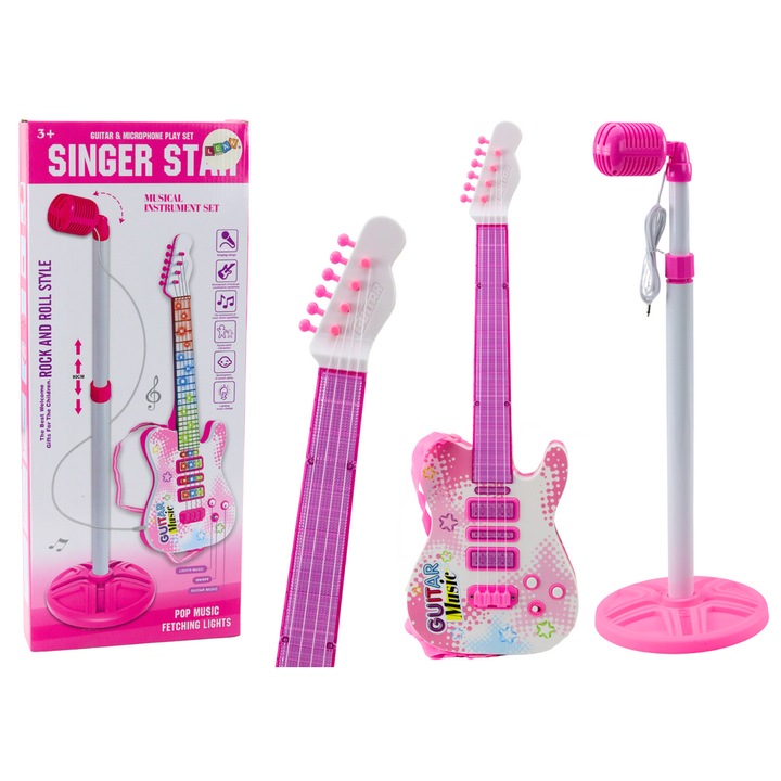 Rózsaszín elektromos gitár szett állvánnyal és mikrofonnal, rózsaszín/fehér