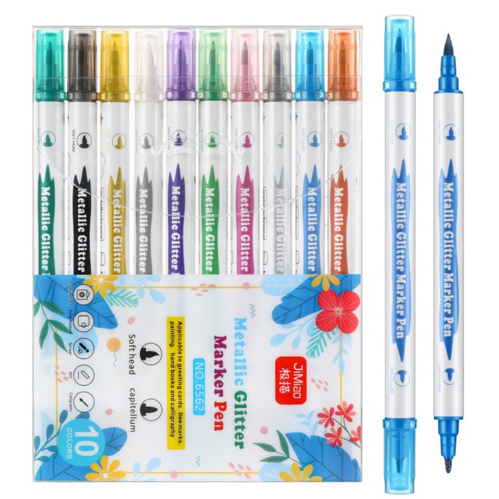 Set 10 Markere Metalice cu sclipici, Multicolor, 17x12,5x1cm