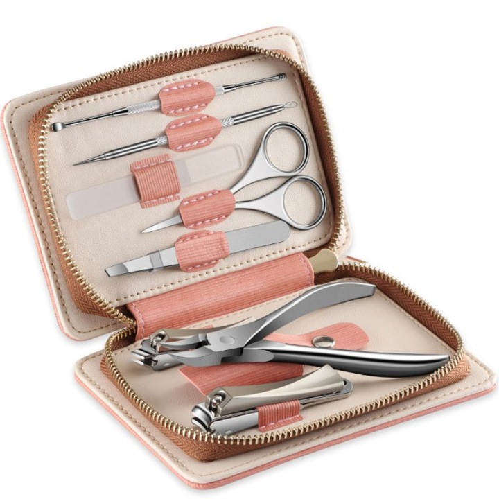 Trusa Manichiura Pedichiura, otel inoxidabil, 8 piese, cu pila din sticla, foarfeca, unghiera, cleste cuticule, impingator cuticule, Etui depozitare elegant, Roz