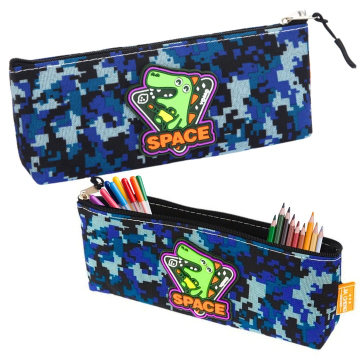 Piornik cu dinozaur cosmic, LEAN, design unic, albastru, 20x8,5cm