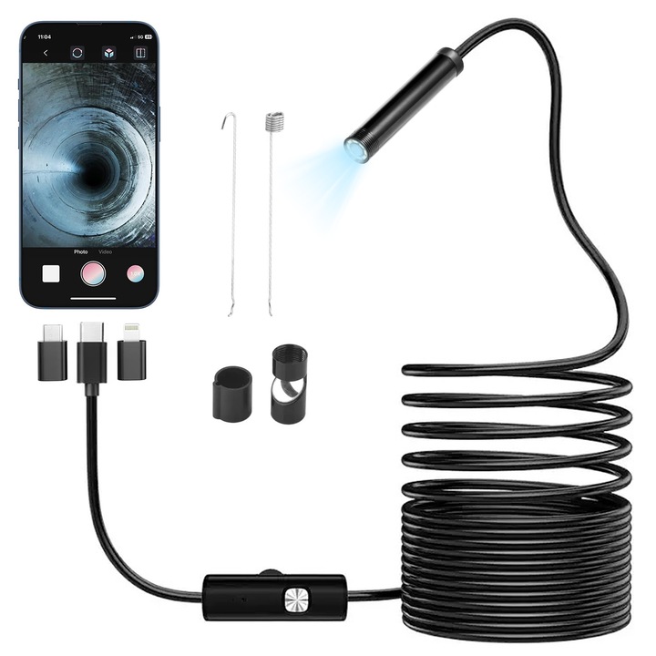 Endoszkópos kamera, qipuneky, 8 állítható LED, 5m, IP67 vízállóság, Android és iOS rendszerekhez, tartozékokkal