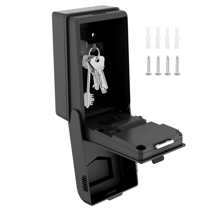 Кутия за ключове, qipuneky, алуминиева сплав/пластмаса, с 4-цифрен код, устойчива на атмосферни влияния, 13.5x8x7см, черна