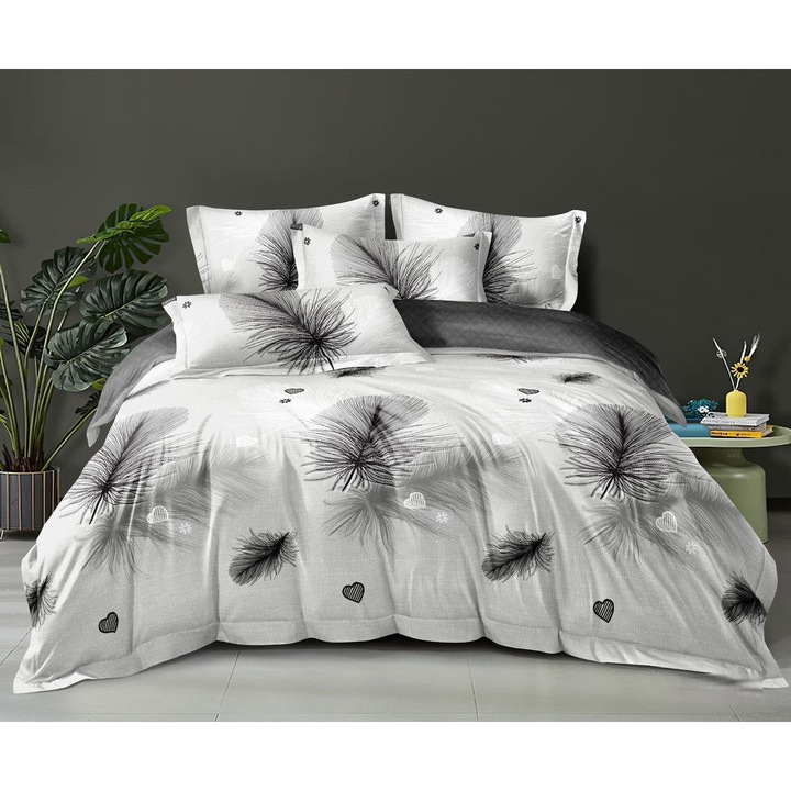 Set Lenjerie Pat CHIRASO Eleganta, FINET, pentru 1 sau 2 persoane, 4 Piese, Cearceaf de pat 155x230 cm, Cearceaf pilota 160x200 cm, 2 Fete de Perna 55x80 cm, imprimeu pene, gri