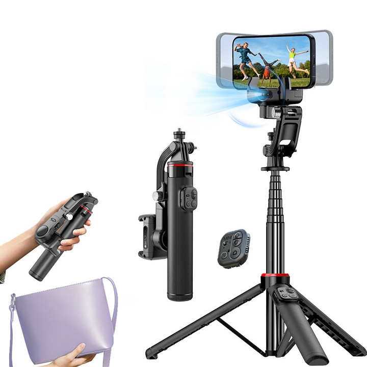 Stabilizator de imagine pentru telefon si GoPro, Fudisenn, Gimbal Profesional, negru, 230x44x98mm, brat extensibil 13 cm, trepied inclus
