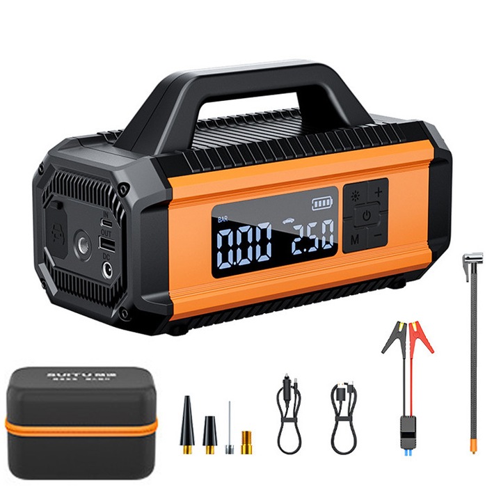 Multifunkciós autóindító 800A, Fudisenn, hordozható kompresszor, 150W, 10000mAh, narancssárga, 215x130x100mm
