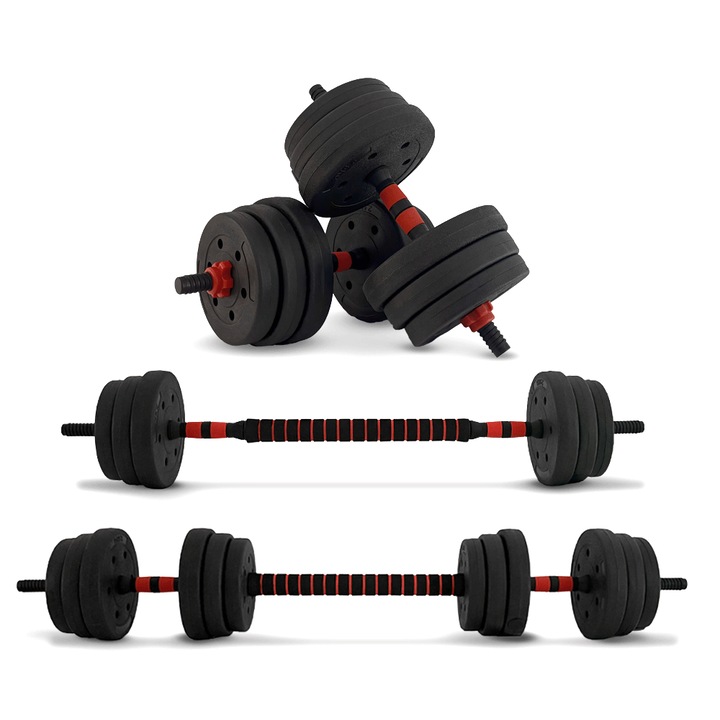 Set 2 gantere reglabile, Athletos®, 20 kg, convertibile in haltera cu bara conectoare, discuri ciment, multiple combinatii, Rosu/Negru