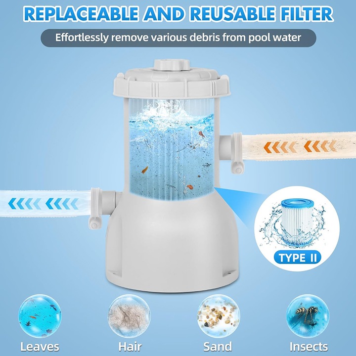 Set pompa filtru piscina, Noonedibs, pompa curatare piscina (cu filtru), 20W, 220-240V, capacitate 1249L/h, 330 galoane, diametru furtun 3, 2 cm, recirculare, alb/rosu