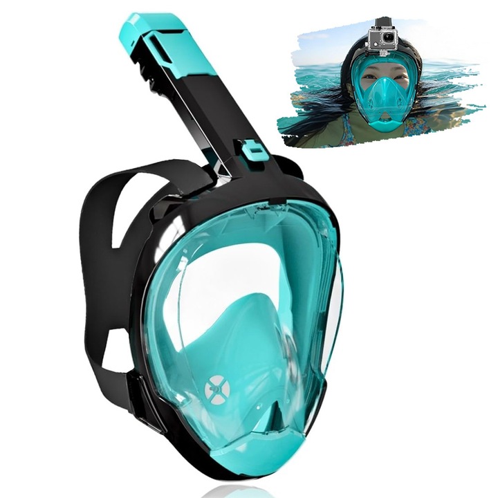 Masca snorkeling, fata completa pentru scufundari, Noonedibs, 1 x tub de respiratie de tip M, catarama de blocare, fixare cu suruburi, anti-aburire, suport detasabil, efect de vizualizare 180°, verde