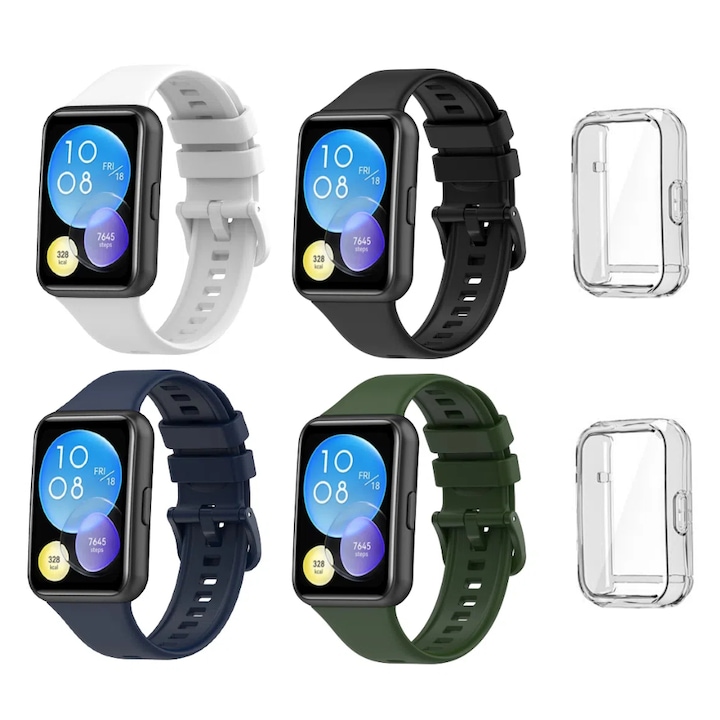 Set 4 curele Smartwatch compatibile Huawei Fit 2, Gkllonve, cu 2x carcasa de ceas, impermeabil, respirabil, silicon, multicolor