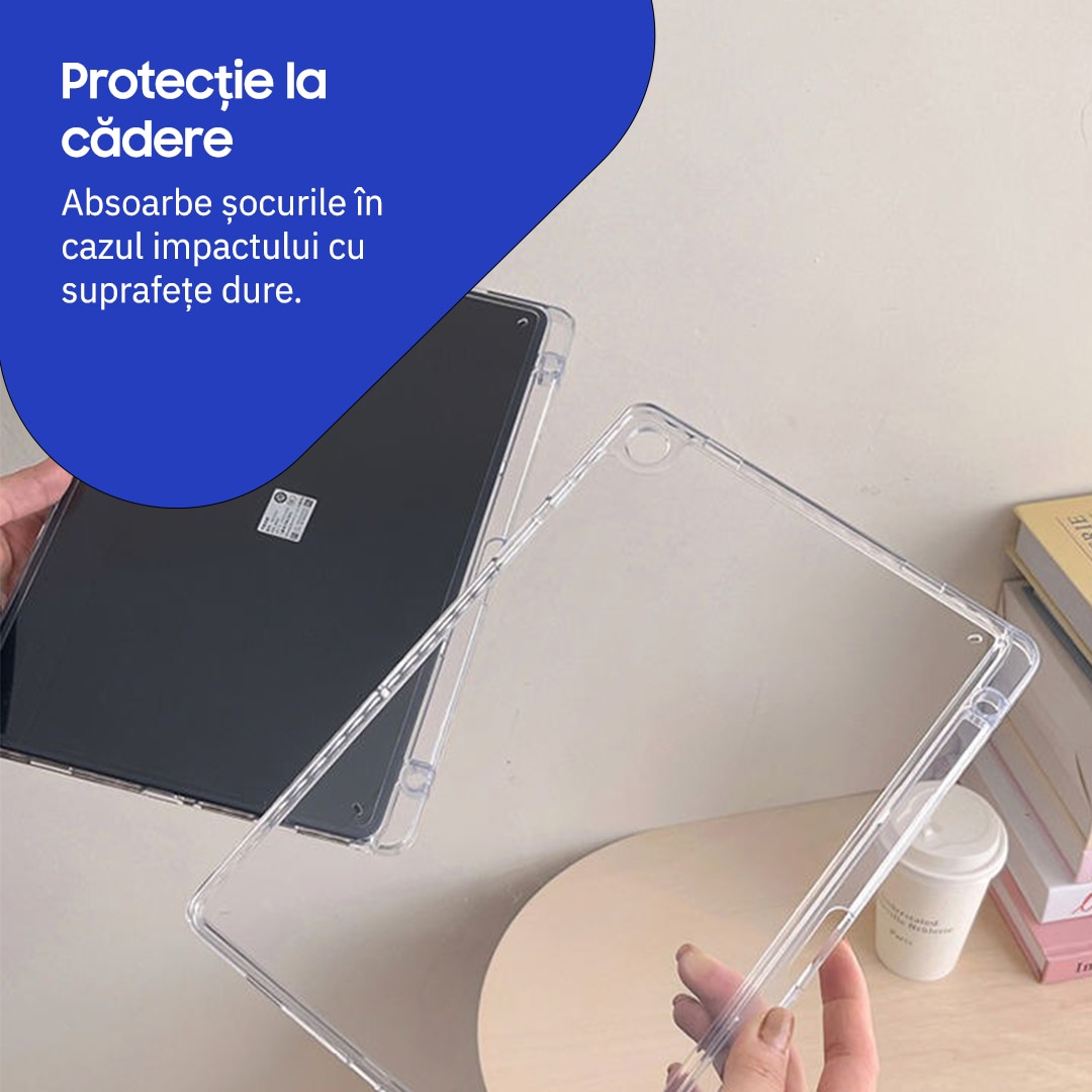 Husa de protectie telefonultau® pentru Samsung Galaxy Tab A9 8.7", SM-X110/ SM-X115, silicon transparent antishock cu colturi intarite, suport integrat pentru stylus, rezistenta la socuri, ideala pentru filme, jocuri, lectii online si birou, transparenta