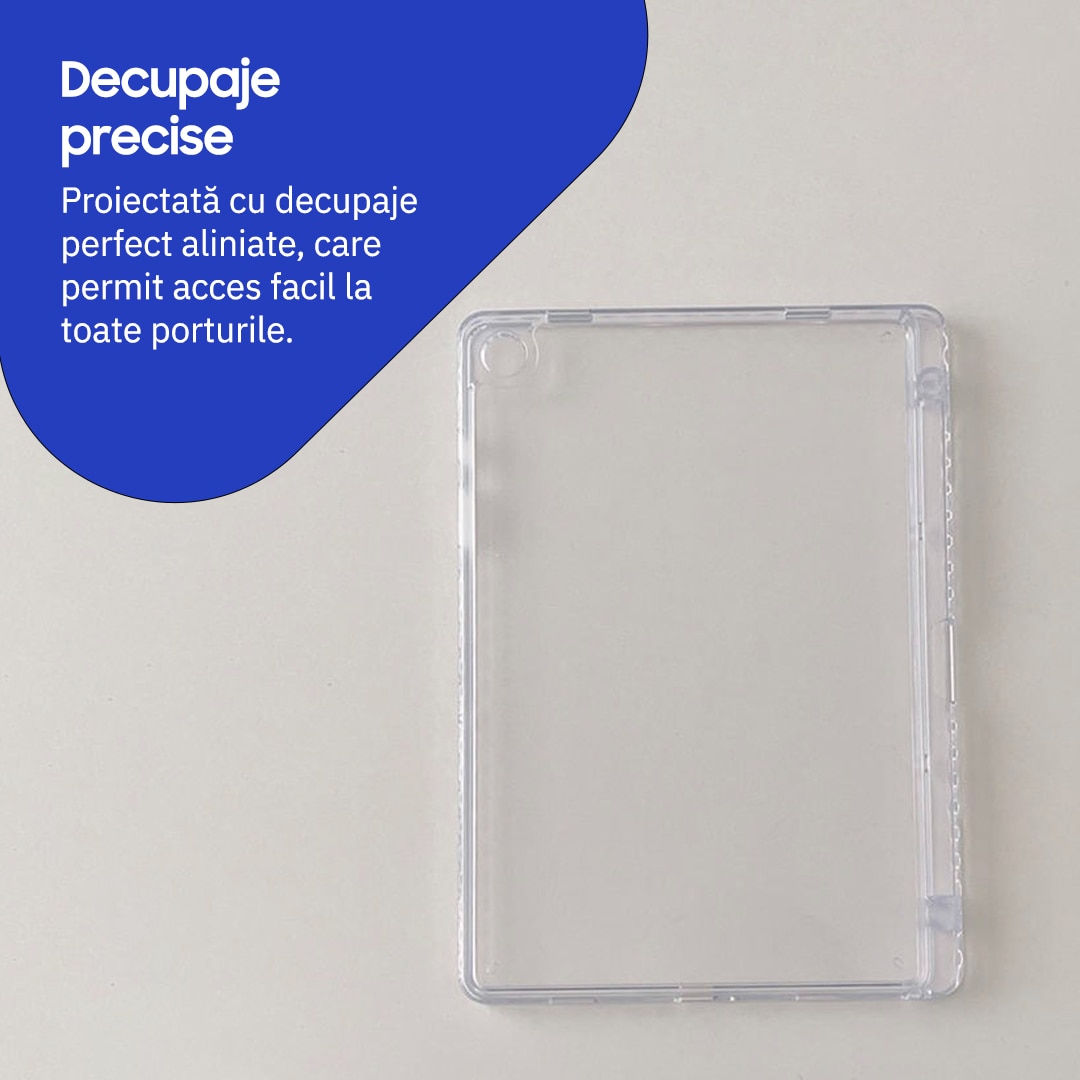 Husa de protectie telefonultau® pentru Samsung Galaxy Tab A9 8.7", SM-X110/ SM-X115, silicon transparent antishock cu colturi intarite, suport integrat pentru stylus, rezistenta la socuri, ideala pentru filme, jocuri, lectii online si birou, transparenta