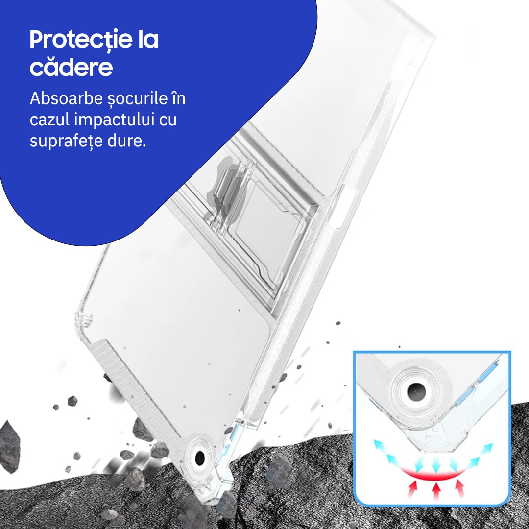 Husa de protectie telefonultau® pentru Apple iPad 7/8/9 10.2", silicon transparent antishock cu colturi intarite, suport integrat pentru tableta si stylus, rezistenta la socuri, ideala pentru filme, jocuri, lectii online si birou, transparenta