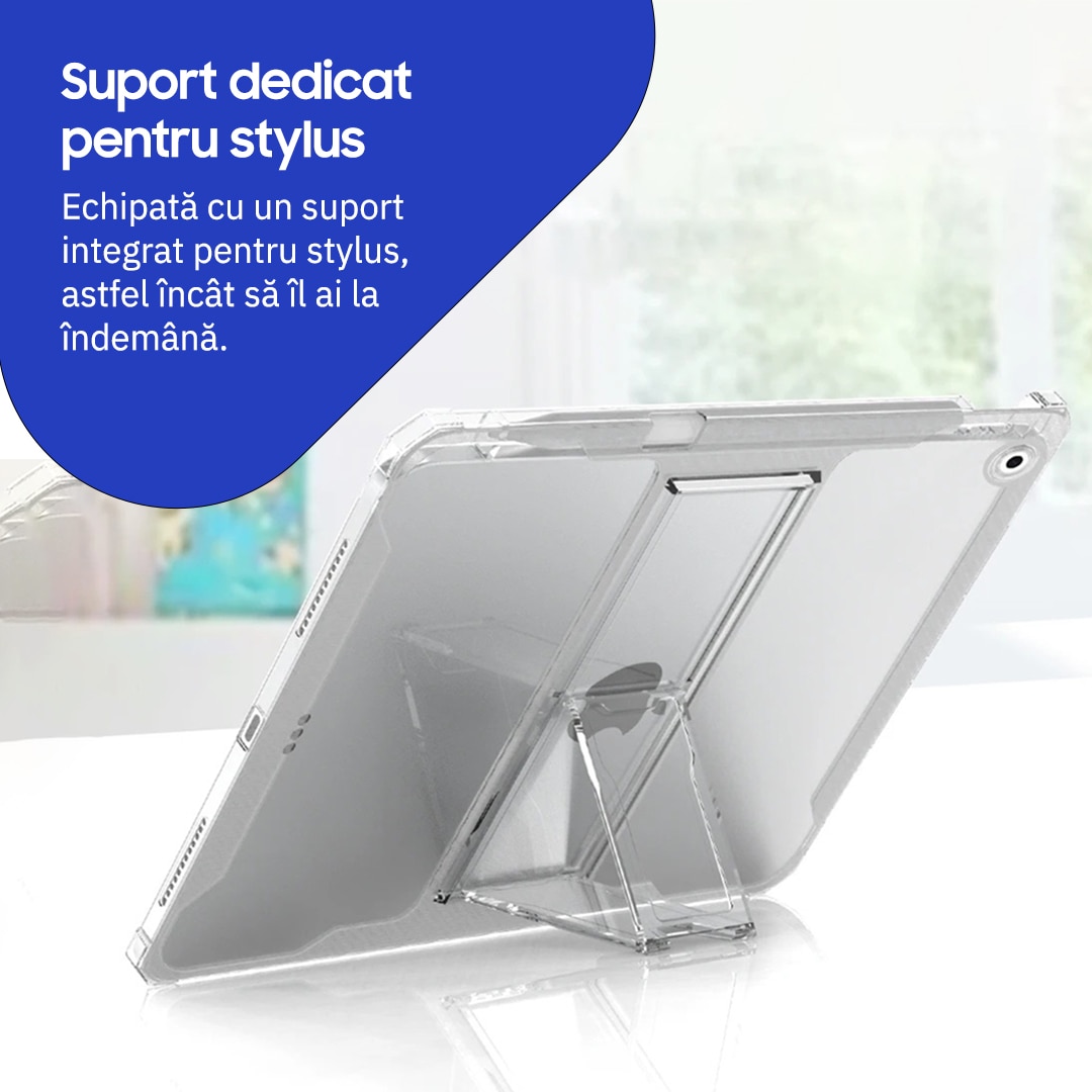 Husa de protectie telefonultau® pentru Apple iPad 7/8/9 10.2", silicon transparent antishock cu colturi intarite, suport integrat pentru tableta si stylus, rezistenta la socuri, ideala pentru filme, jocuri, lectii online si birou, transparenta