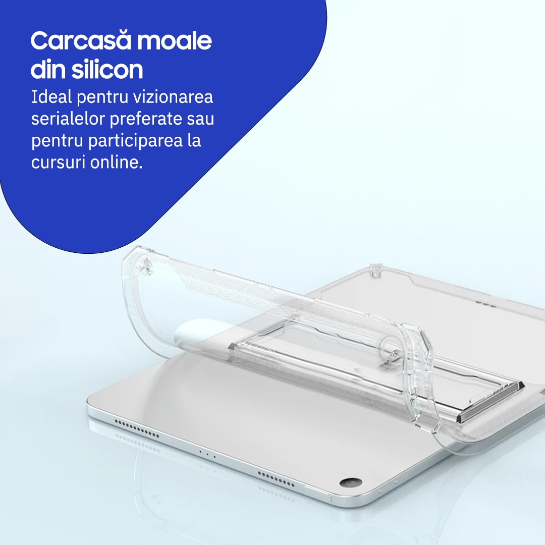 Husa de protectie telefonultau® pentru Apple iPad 7/8/9 10.2", silicon transparent antishock cu colturi intarite, suport integrat pentru tableta si stylus, rezistenta la socuri, ideala pentru filme, jocuri, lectii online si birou, transparenta