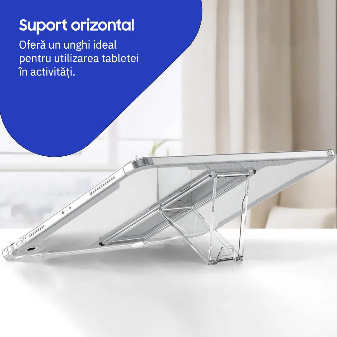Husa de protectie telefonultau® pentru Apple iPad 7/8/9 10.2", silicon transparent antishock cu colturi intarite, suport integrat pentru tableta si stylus, rezistenta la socuri, ideala pentru filme, jocuri, lectii online si birou, transparenta