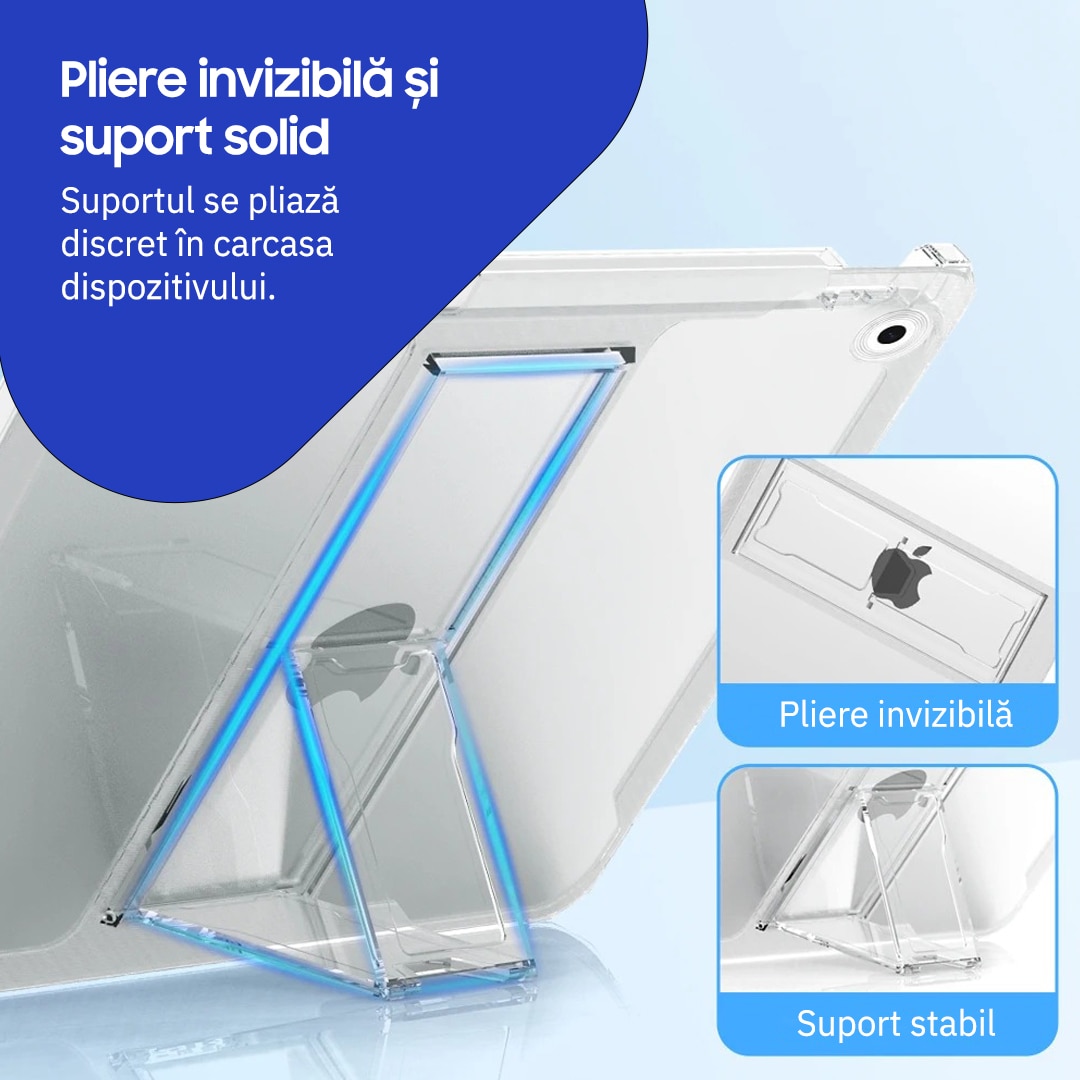 Husa de protectie telefonultau® pentru Apple iPad 7/8/9 10.2", silicon transparent antishock cu colturi intarite, suport integrat pentru tableta si stylus, rezistenta la socuri, ideala pentru filme, jocuri, lectii online si birou, transparenta