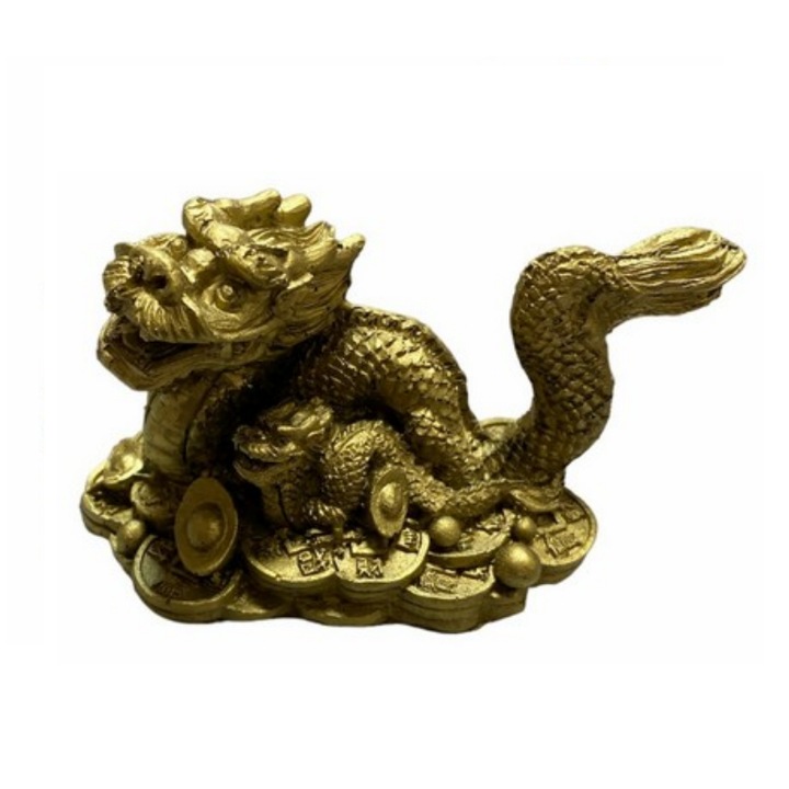 Statueta feng shui GOBI® Dragon cu monede si pepite din rasina 8.5x7cm, model FS504