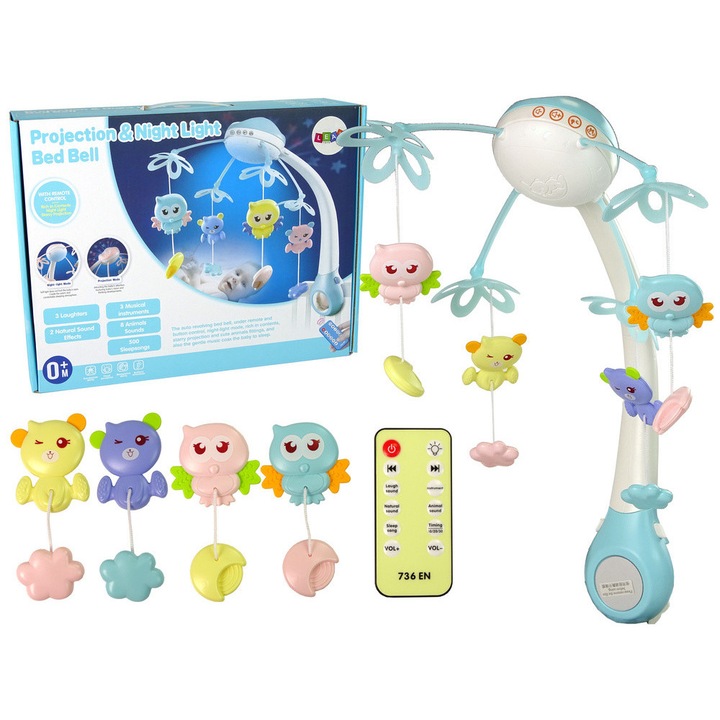 Carusel patut cu proiectoare si melodii, 500 melodii, 8 sunete animale, albastru, 52x31x32cm