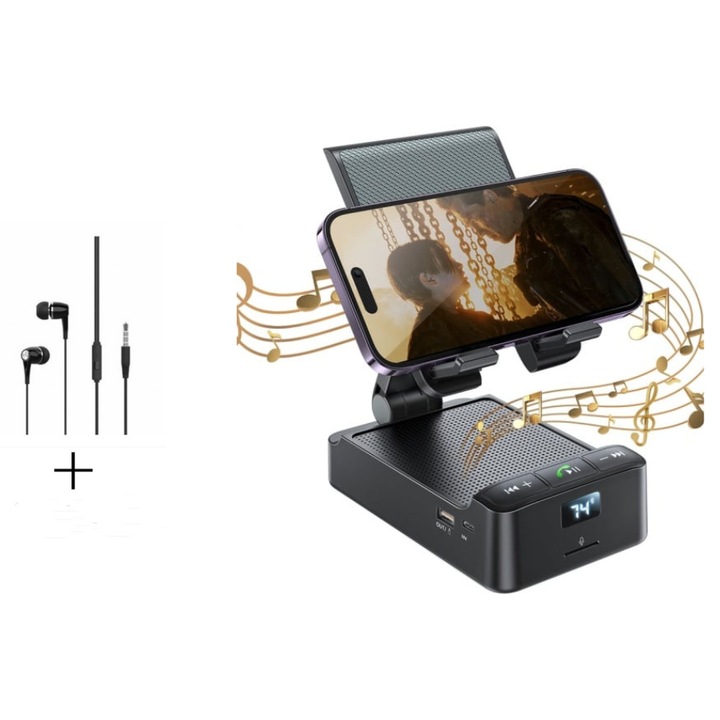 Vezeték nélküli töltő, töltőállomás, állványtartó, asztali, multifunkciós 3 az 1-ben, fekete, hangszóró teljesítménye 8W, Bluetooth: 5.1 verzió, hangszóró akkumulátora 2000mAh, akkumulátor üzemidő akár 15 óra, BUGHY'S