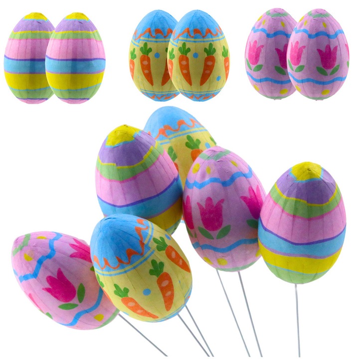 Set 6 oua decorative pe piciorus cu motive de morcovi si lalele, multicolor, 5x3,5cm