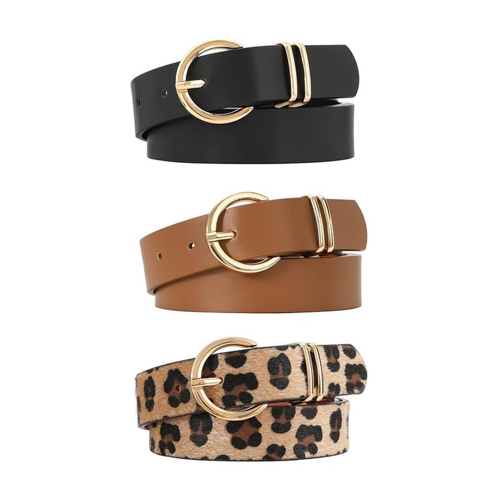 3 darabos női öv szett, állítható méret, klasszikus modell, természetes bőr lakkhatású - Szénfekete