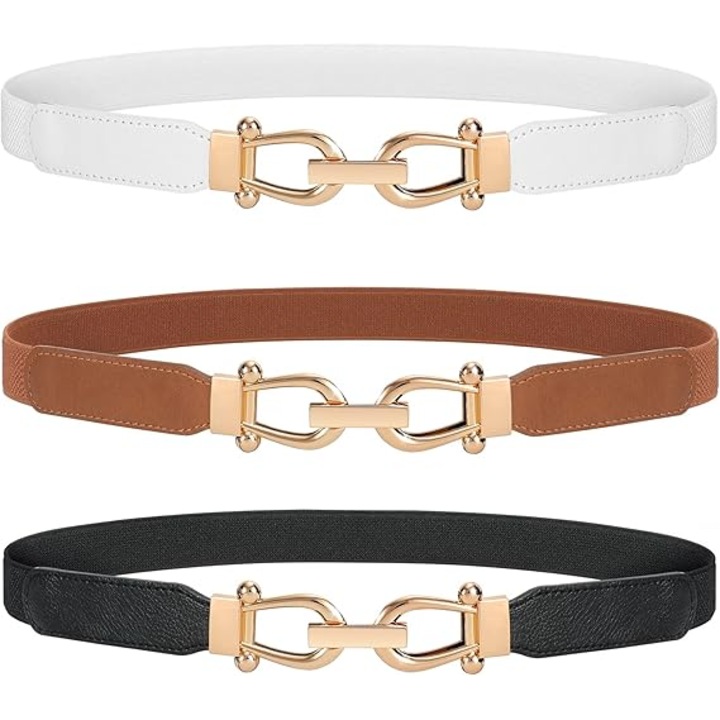 Set de 3 Curea pentru dama, marime ajustabila, model clasic, piele naturala cu aspect lacuit-Alb