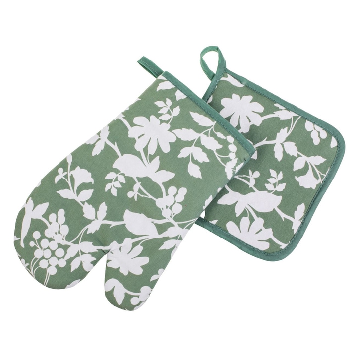 Zöld-fehér virágmintás konyhai kesztyű és szalvéta - 2 db