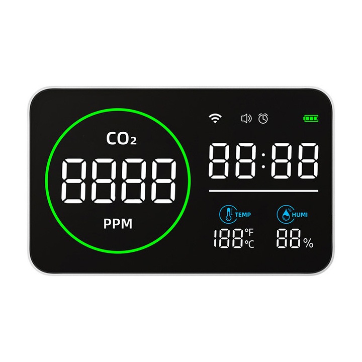 Contor de calitate a aerului, afisaj LED, WIFI, senzor infrarosu, sistem de alarma inteligent, dioxid de carbon, temperatura, umiditate, alb