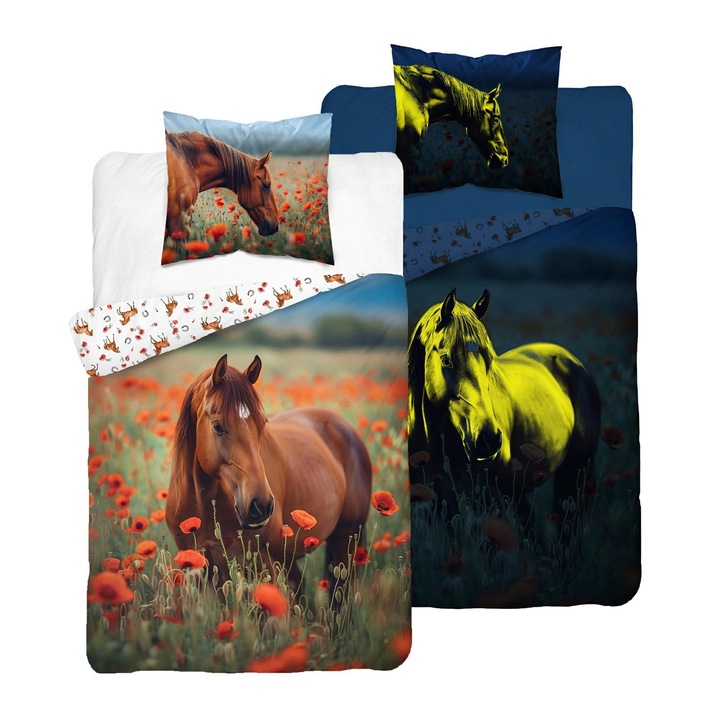 Lenjerie de pat Detexpol, 160x200cm, cu design cal in maci, 100% bumbac, set complet