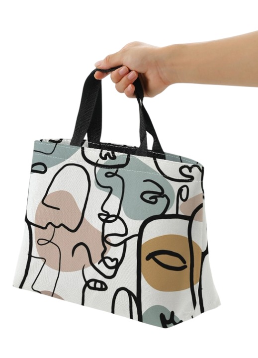 Geanta de pranz portabila din poliester pentru scoala, birou, calatorie, model figuri grafice, 35 x 14 x 22 cm, culoarea alb si gri, theCasius.®