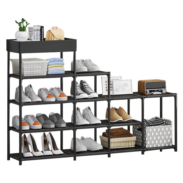 Етажерка за обувки с 5 рафта Taotigzu, Многофункционален трапецовиден органайзер за спалня или антре, без пробиване, 120×81×21.5 см, черен, Черен пластмасов шкаф