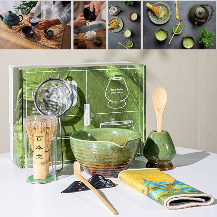 Set de ceai matcha 8 piese, puepoul, cu castron pentru matcha, tel de bambus, lingurita de ceai, sita de ceai din otel inoxidabil, suport pentru tel din ceramica, Bambus/Ceramica, verde