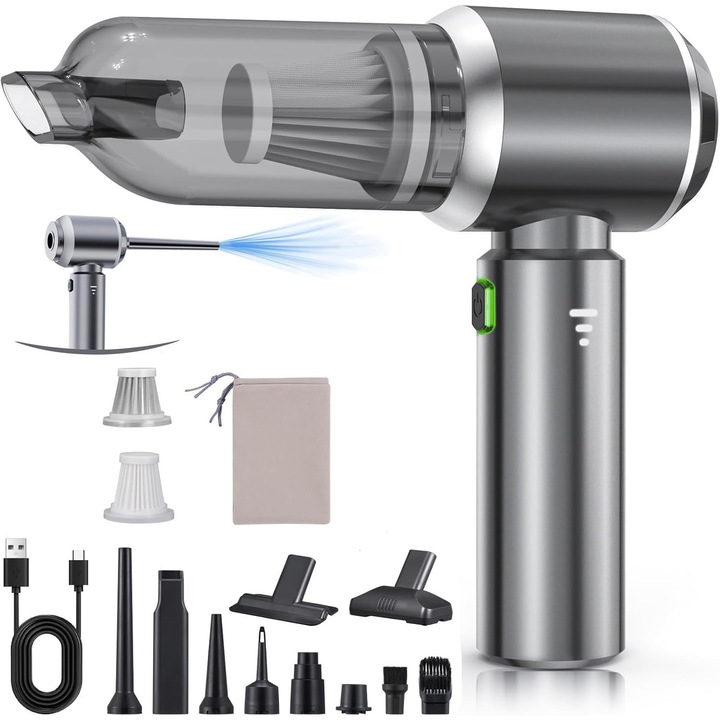 Преносима прахосмукачка за кола Talzov® 18000Pa 3 скорости, безчетков мотор, 30 мин. автономия, 6000mAh, 120W, 2 филтъра, зареждане Type-C, за кола, офис, кухня, животински косми, сива