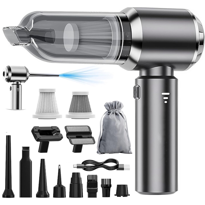 Aspirator Portabil 21000Pa 3 Viteze Talzov®, Motor fara perii, Autonomie 30 min, 6000mAh, 120W, 2 Filtre, incarcare Type-C, pentru masina, birou, bucatarie, par de animale, Gri