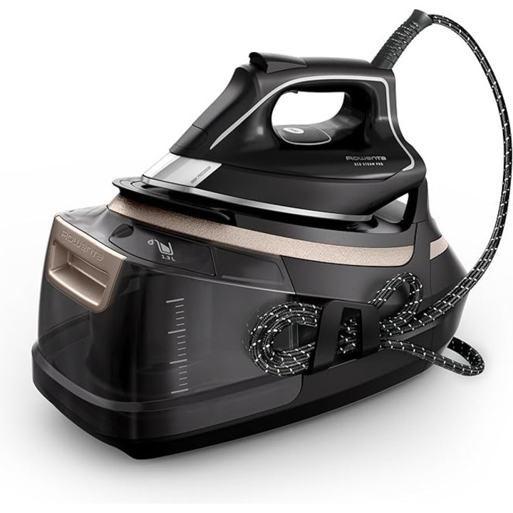 Statie de calcat cu abur Rowenta Eco Steam Pro DG9640F0, presiune abur 8 bari, debit continuu de abur 150 g/min, mod Eco, 5 setari, rezervor de apa de 1, 3 litri, culoare Negru/Bej