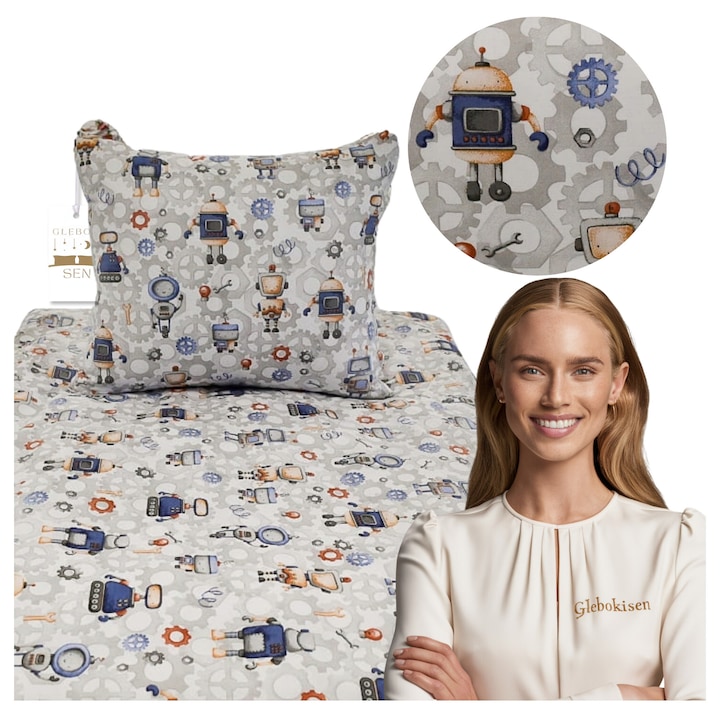 Детски комплект спално бельо, 100x160 см, 1x50/60 см, Многоцветен, Материал 100% Памук, Закопчаване с цип, Тегло 125 г/м2, Сертификат OEKO-TEX Standard 100