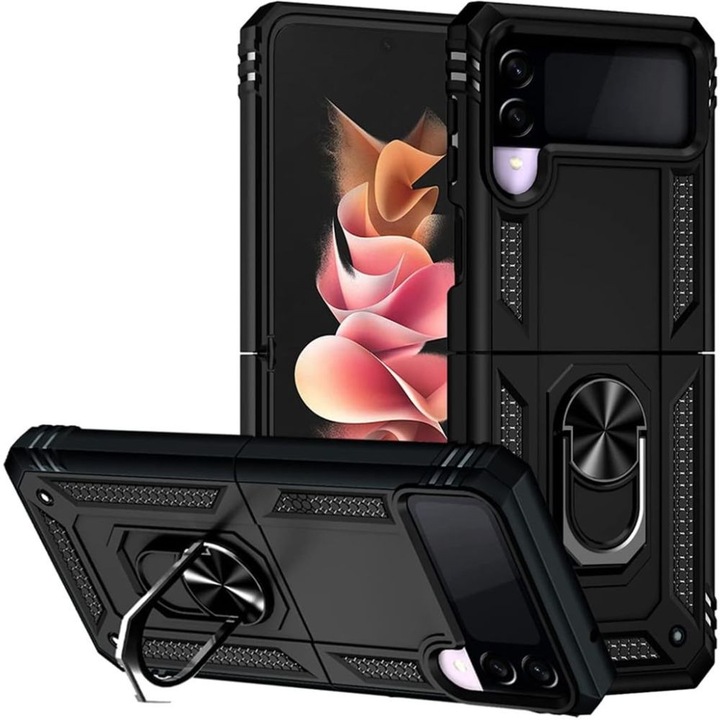 Поликарбонатен калъф Armor Ring, съвместим с Samsung Galaxy Flip 3 5G, Удароустойчив, Вграден магнитен държач за кола, Стойка, Черен