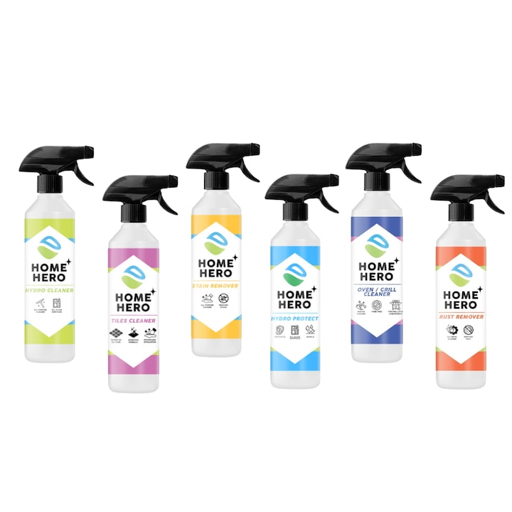 Pachet 6 Solutii Curatenie Profesionala Home Hero, 500ml – Hydro Cleaner Geamuri & Oglinzi, Tiles Cleaner Gresie & Faianta, Stain Remover Pete Dificile, HydroProtect Inox & Sticla, Oven & Grill Cleaner, Rust Remover Rugina