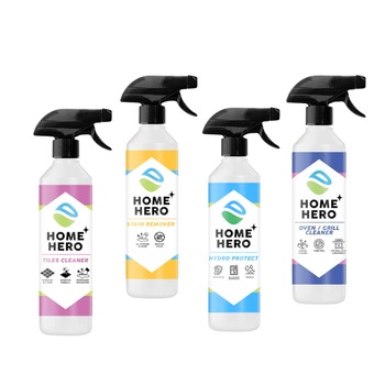 Pachet 4 Solutii Profesionale Curatenie Home Hero, 500ml – Tiles Cleaner Gresie, Faianta & Rosturi, Stain Remover Pete Dificile, HydroProtect Sticla & Inox cu Efect Hidrofob, Oven & Grill Cleaner Cuptor & Gratar