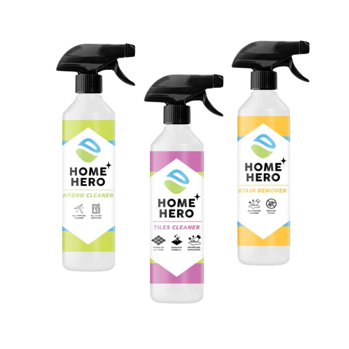 Pachet 3 Solutii Profesionale Curatenie Home Hero, 500ml – Hydro Cleaner Geamuri, Sticla & Oglinzi, Tiles Cleaner Gresie, Faianta & Rosturi, Stain Remover pentru Pete si Murdarie Dificila
