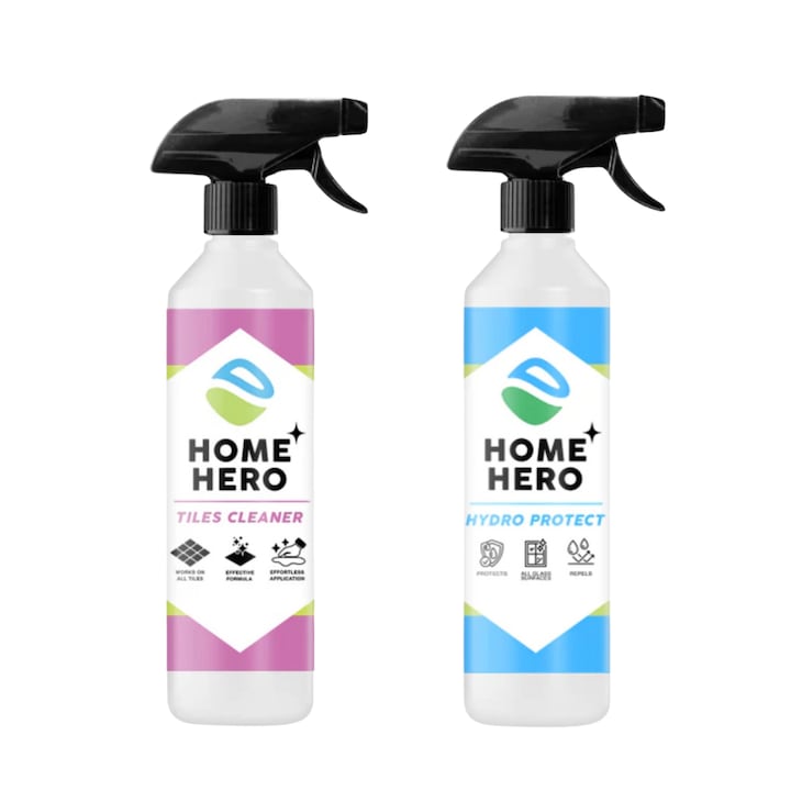 Pachet 2 Solutii Profesionale Curatenie Home Hero, 500ml – Tiles Cleaner pentru Gresie, Faianta si Rosturi + HydroProtect cu Efect Hidrofob pentru Sticla si Inox