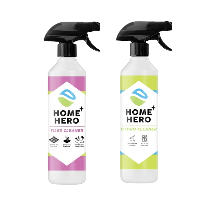 Pachet 2 Solutii Profesionale Home Hero, 500ml – Tiles Cleaner pentru Gresie, Faianta si Rosturi + Hydro Cleaner pentru Geamuri, Sticla si Oglinzi