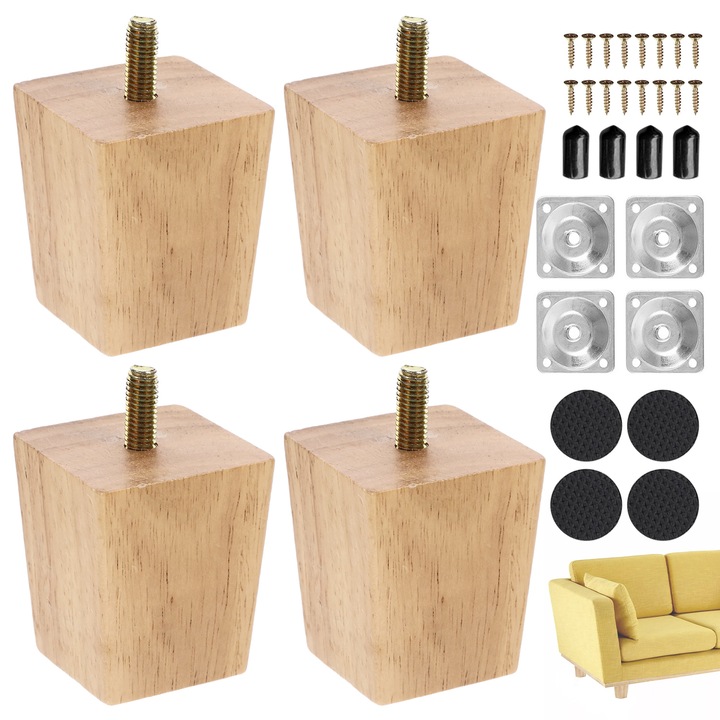 Set 4 picioare pentru mobila, qipuneky, 5cm, lemn, accesorii incluse