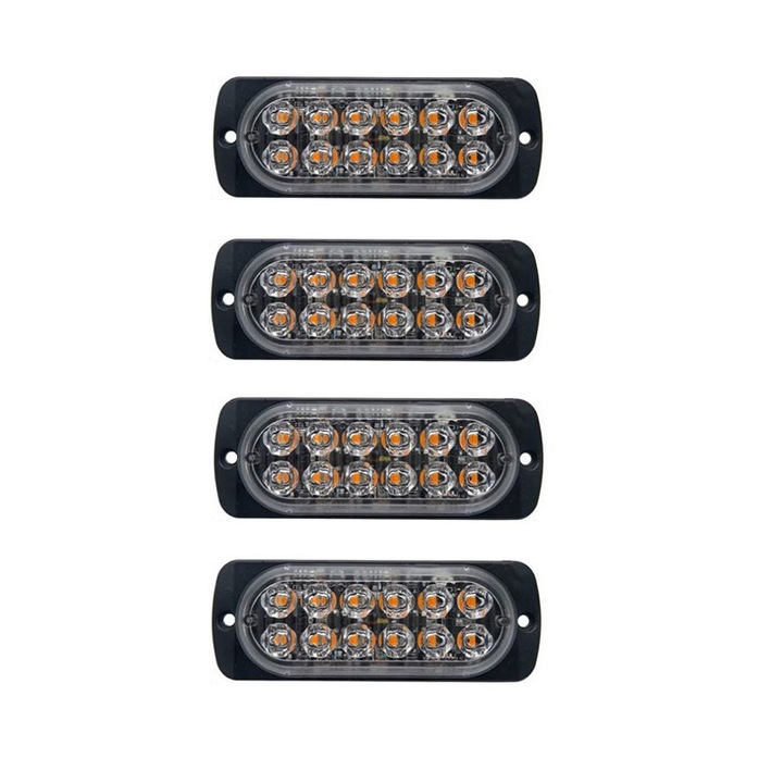 Set 4 Stroboscoape 12 LED, lumina galbena de urgenta si avertizare, 12V-24V AutoSSF ® 15 Moduri Flash, IP65, 1400 lumeni, pentru gabarit, platforma, ATV, Tractor, Jeep, Off Road