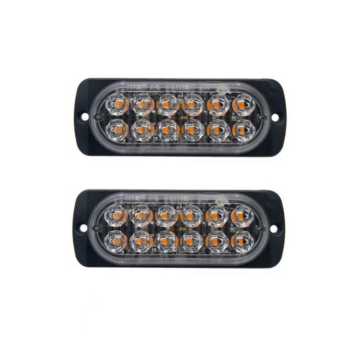 Set 2 Stroboscoape 12 LED, lumina galbena de urgenta si avertizare, 12V-24V AutoSSF ® 15 Moduri Flash, IP65, 1400 lumeni, pentru gabarit, platforma, ATV, Tractor, Jeep, Off Road