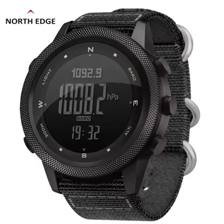 Ceas digital barbati NORTH EDGE APACHE-46, sport, altimetru, barometru, busola, termometru, rezistent la apa 5ATM, curea nylon, afisaj LED