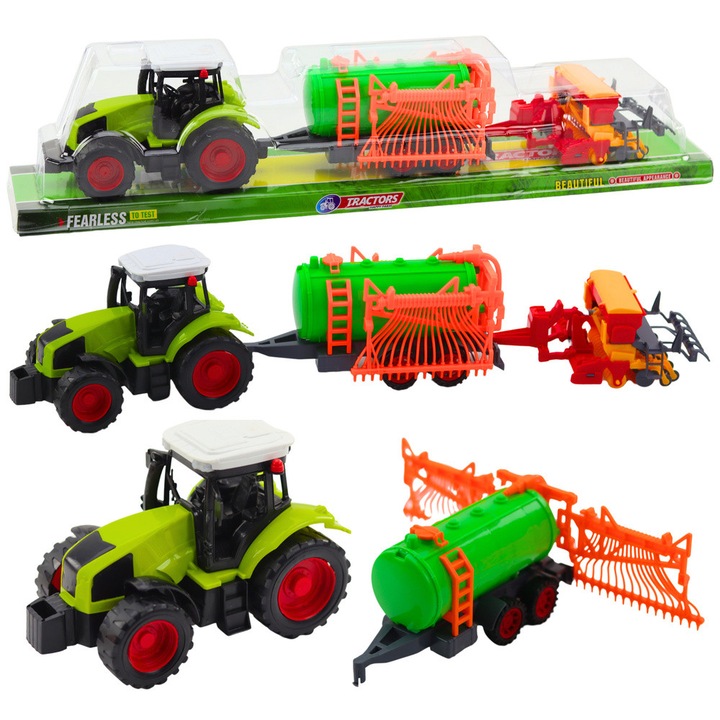 Set tractor agricol cu cisterna si grebla, Lean Toys, verde-rosu, 52x11x9cm