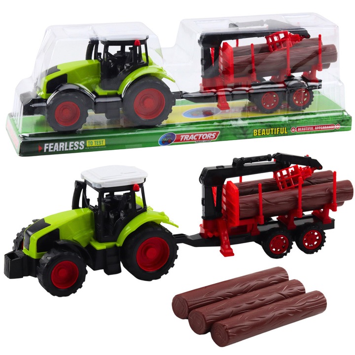 Tractor cu remorca HDS pentru transportul lemnului, LEAN TOYS, verde-negru, 37x11x9cm, set cu baloti de lemn