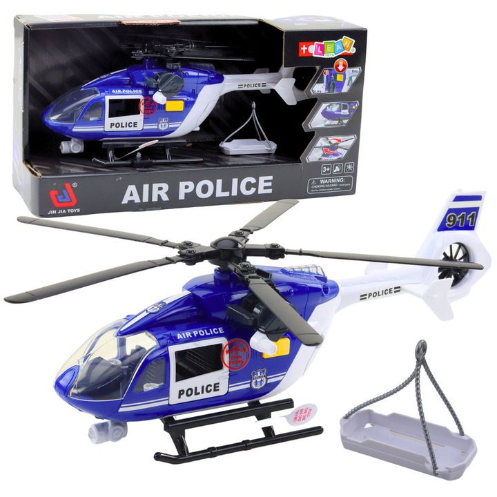 Elicopter poliție LEAN TOYS, efecte luminoase și sonore, set cu accesorii, 32x12x10,5cm, 1:14